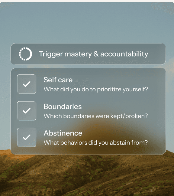 The Relay app showing a personalized recovery plan with trigger mastery, self-care, boundaries, and abstinence check-ins