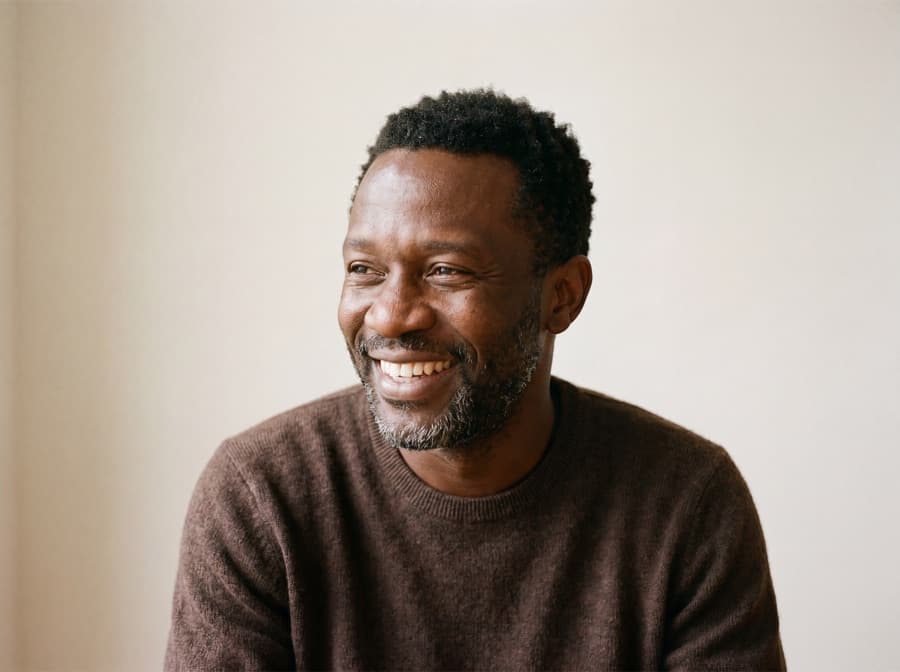 A smiling man in a brown sweater in warm, natural indoor light