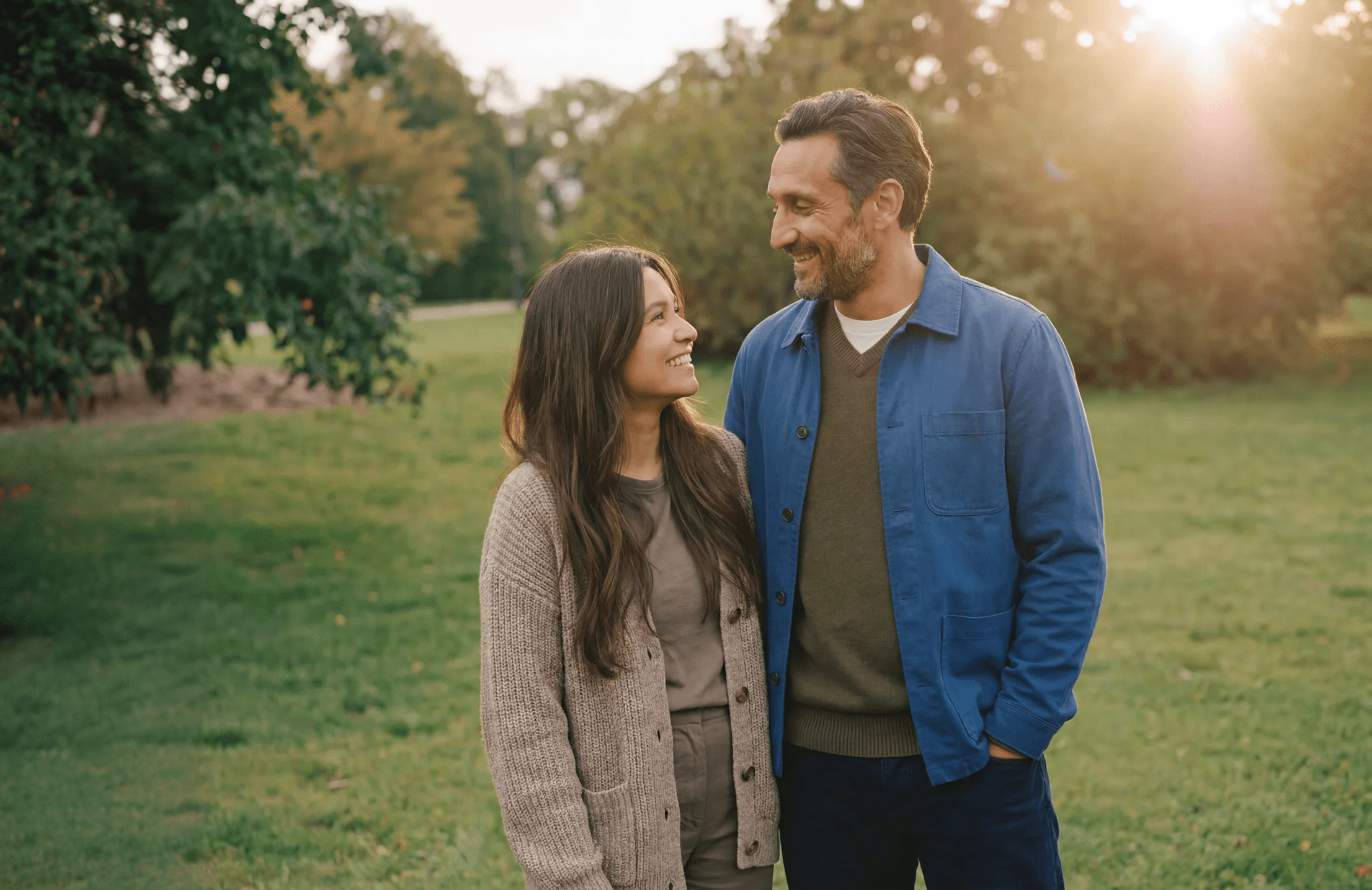 A smiling couple walking arm in arm through a park in warm autumn light